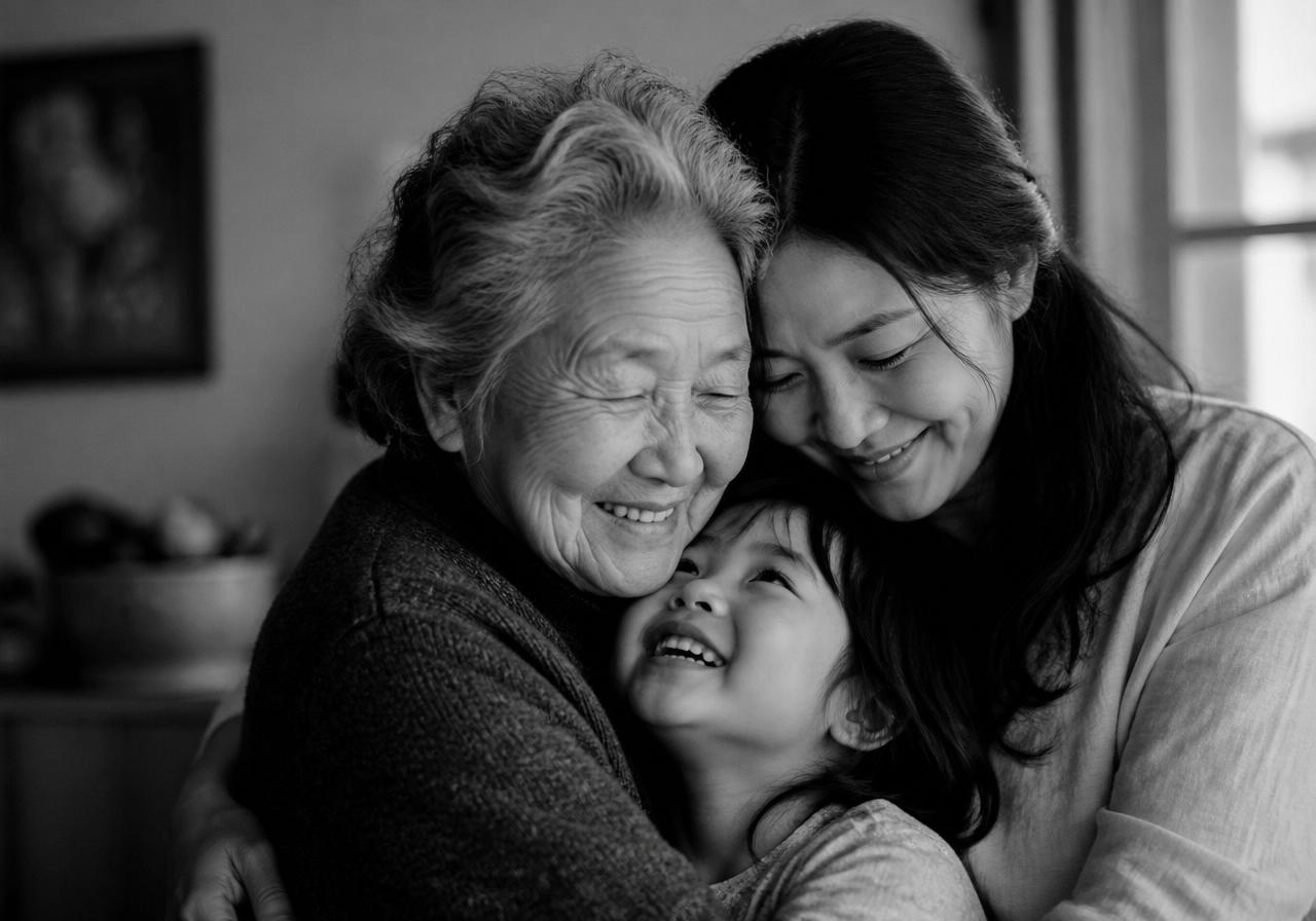 A grandmother, mother, and child in a tender embrace