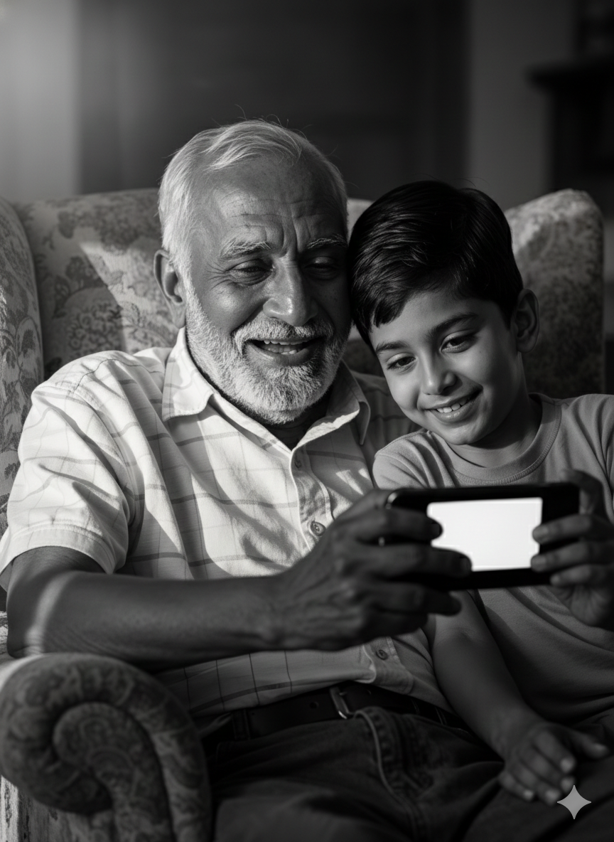 A grandfather sharing a phone with his grandson